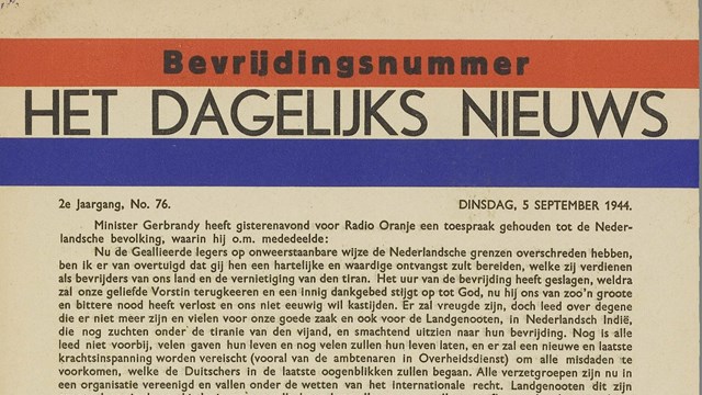 Het Dagelijks Nieuws op 5 september 1944 uit collectie van Erfgoed Leiden en Omstreken.