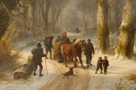 Winterlandschap met paard en talloze figuren, Johan Klombeck (1815-1893) en Eug. Verboeckhoven (1798-1881), 1863