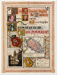 Voorbeeld van blad uit het album: gekalligrafeerde tekst met pentekeningen met de wapens van Alkmaar en Den Haag, een plattegrond van Alkmaar met legenda en een tekening van kasteel Westhove op Walcheren.
