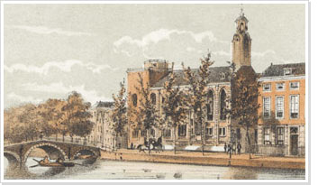 Gezicht op het Academiegebouw aan het Rapenburg. Litho (in kleur) door G.J. Bos. Uit: Leyden in Miniatuur (ca. 1850).