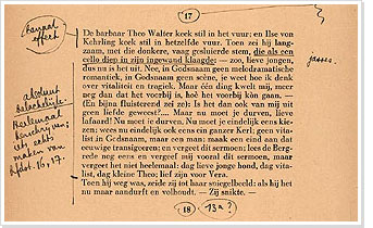 Pagina uit Hendrik Marsmans roman Vera, met commentaar van E. du Perron