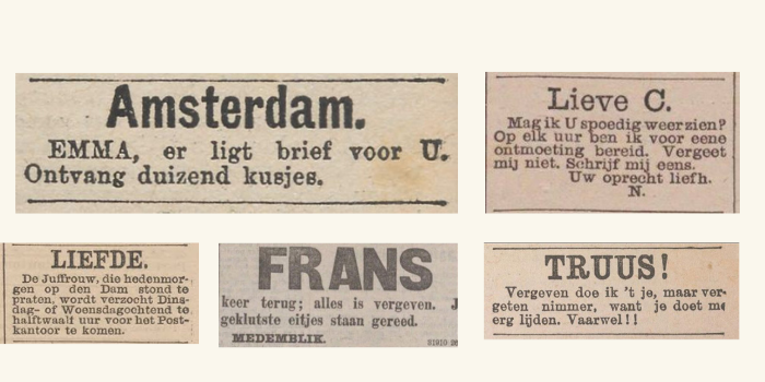 Advertenties met liefdesoproepen uit diverse kranten. Verzameld door Mark Traa.