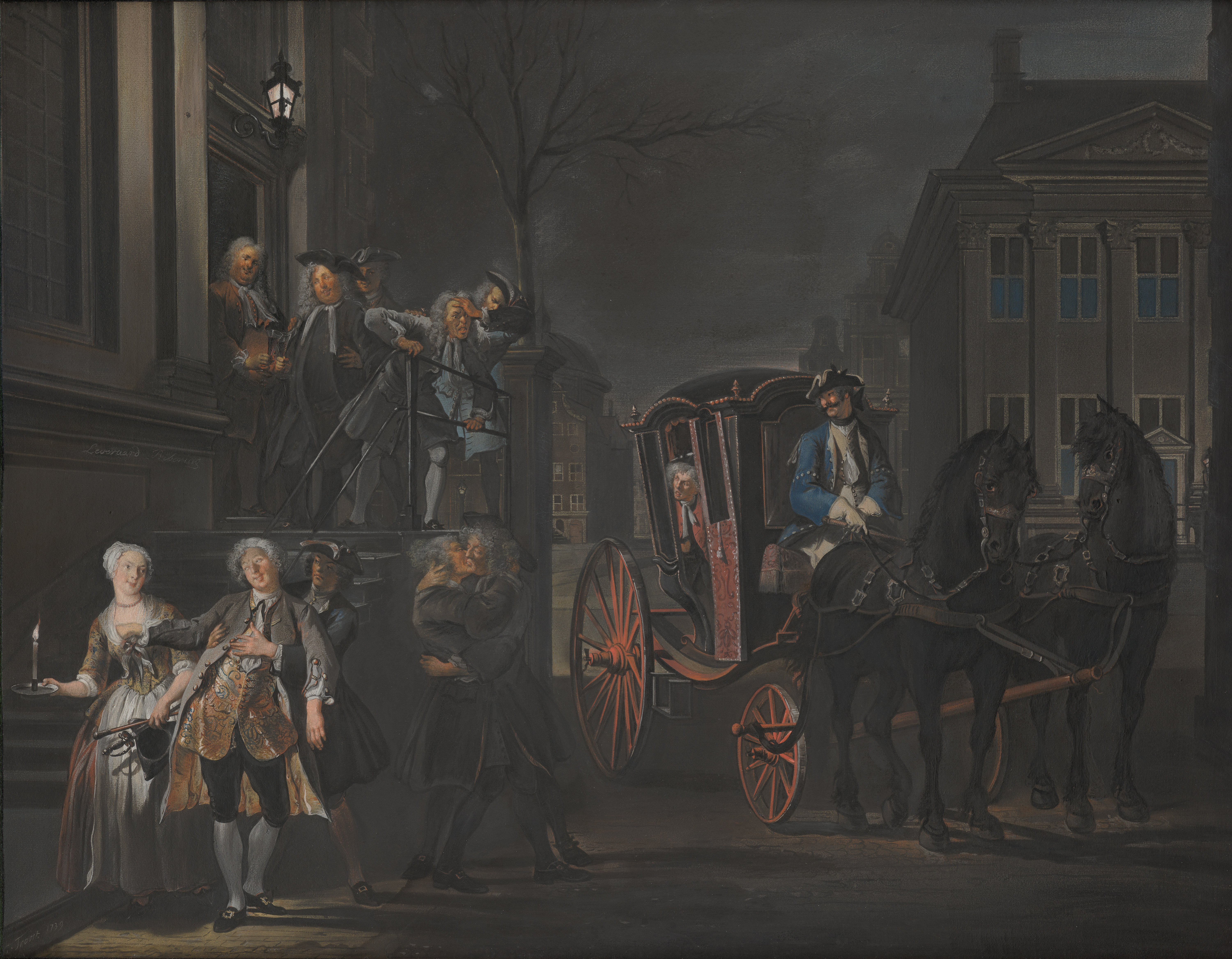 Schilderij van Cornelis Troost uit 1737: 'Ibant qui poterant, qui non potuere cadebant' (Those who could, walked; those who could not, fell), 1739.