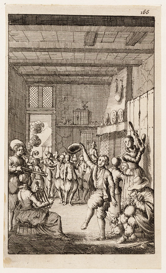 De vrijstermarkt in een boerenwoning in Schermerhorn, Jan Luyken, 1681.