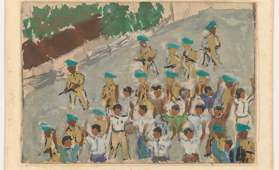 Tekening van Mohammad Toha Adimidjojojo van de menselijke schilden tegen het Nederlandse leger dat Jogjakarta binnenkomt