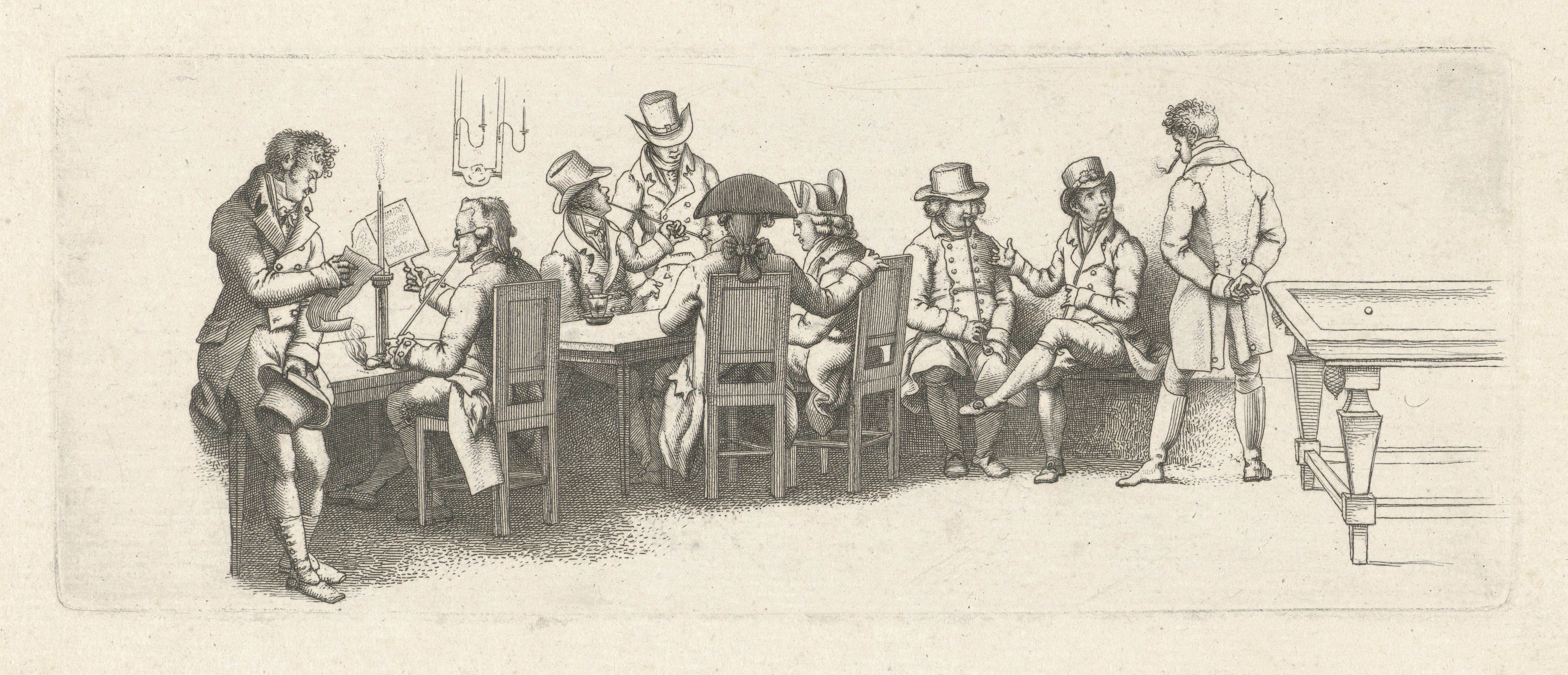 Mannen in een koffiehuis met een biljart door Jacob Ernst Marcus uit 1814. Rijksmuseum.