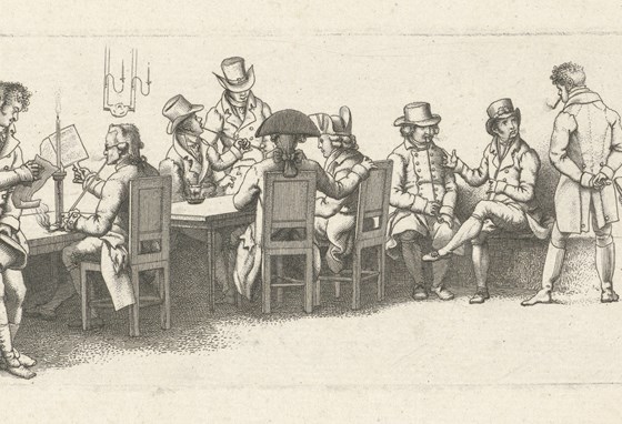 Mannen in een koffiehuis met een biljart door Jacob Ernst Marcus uit 1814. Rijksmuseum.