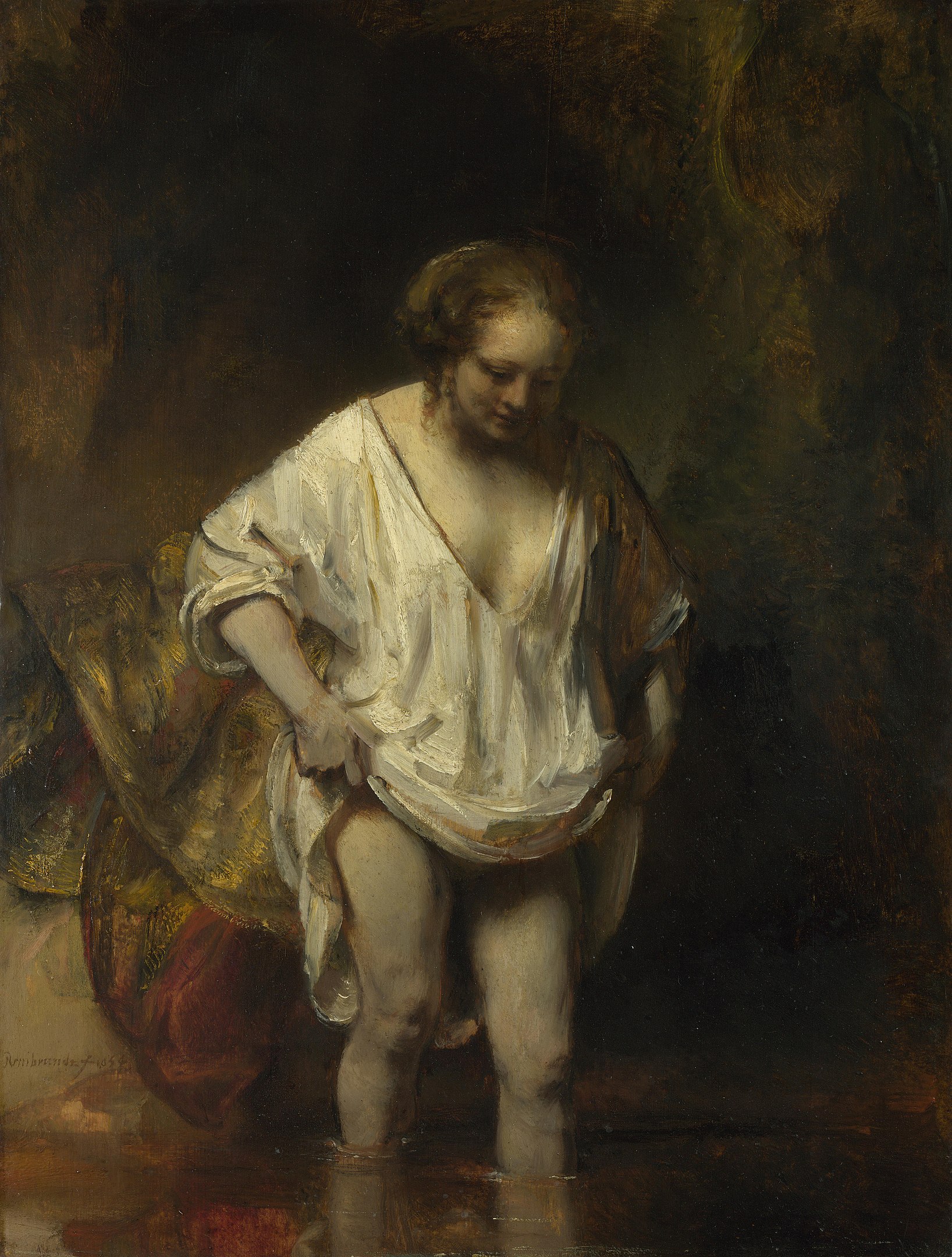 Een vrouw badend in een stroom, vermoedelijk Hendrickje Stoffels, door Rembrandt van Rijn uit 1654.