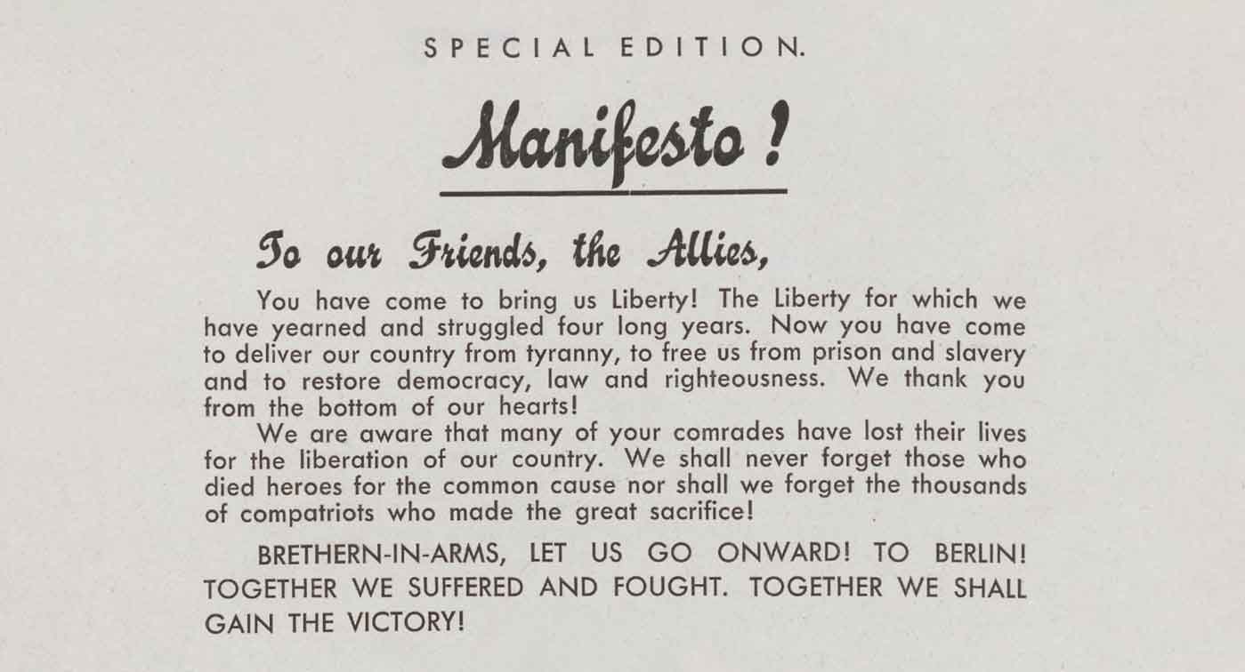 Knipsel van het Manifest in de speciale bevrijdingseditie van de 'Kroniek van de Week'