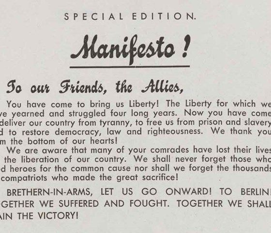 Knipsel van het Manifest in de speciale bevrijdingseditie van de 'Kroniek van de Week'