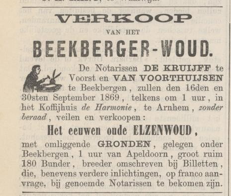 Advertentie met aankondiging van verkoop in Arnhemsche Courant uit 1869. Delpher, Koninklijke Bibliotheek.
