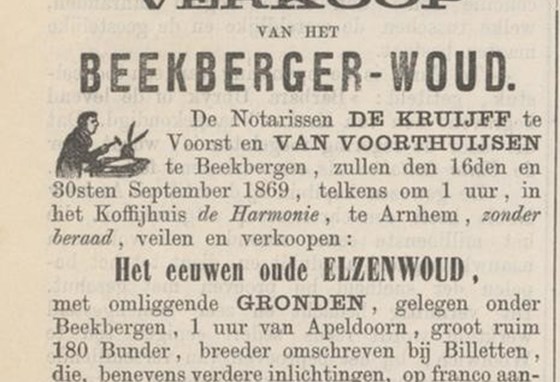 Advertentie met aankondiging van verkoop in Arnhemsche Courant uit 1869. Delpher, Koninklijke Bibliotheek.
