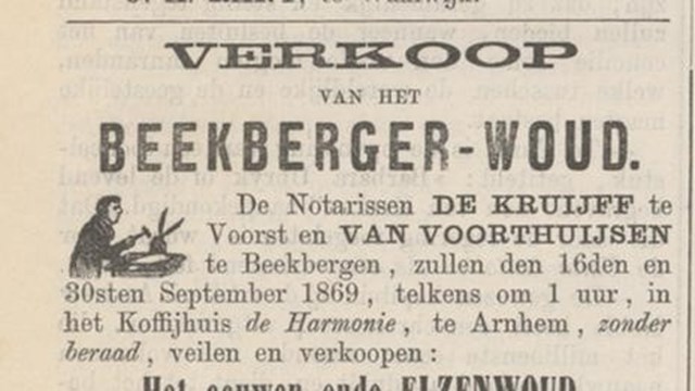 Advertentie met aankondiging van verkoop in Arnhemsche Courant uit 1869. Delpher, Koninklijke Bibliotheek.