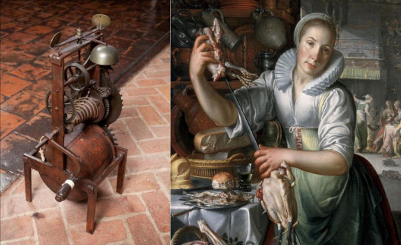 Braadspit uit 17e eeuw en schilderij van Joachim Anthonisz Wtewael, 'De keukenmeid', circa 1620-1625