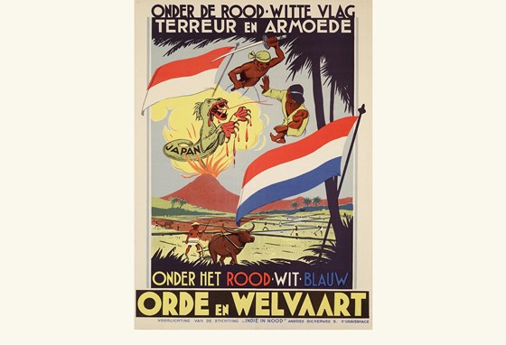 Propaganda-affiche met de tekst:
Onder de rood-witte vlag
Terreur en Armoede
Onder het rood-wit-blauw
Orde en welvaart