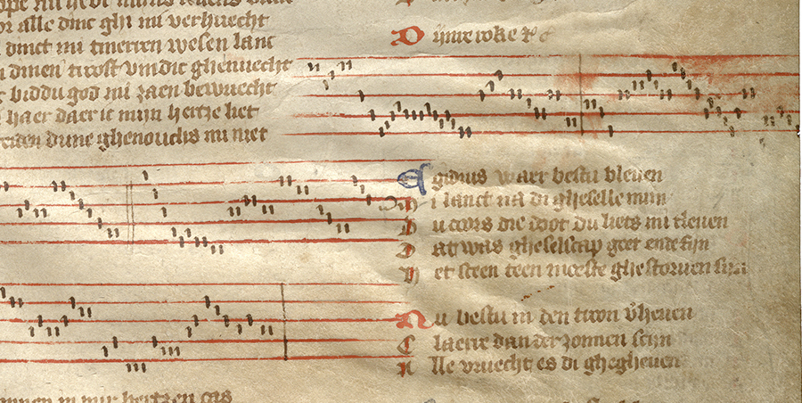 Foto van een uitsnede van het Gruuthusehandschrift met muzieknotatie en tekst