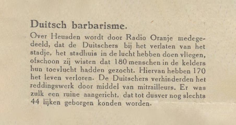 Bericht over Duitsch barbarisme naar aanleiding van de Stadhuisramp in Heusden