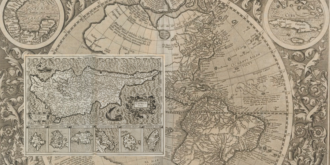 Atlas van Gerardus Mercator. Cyprus staat per ongeluk gedrukt op de plaats van Cuba (pagina 493 en 526). Universiteit Utrecht, uitgegeven door Jodocus Hondius in 1606.