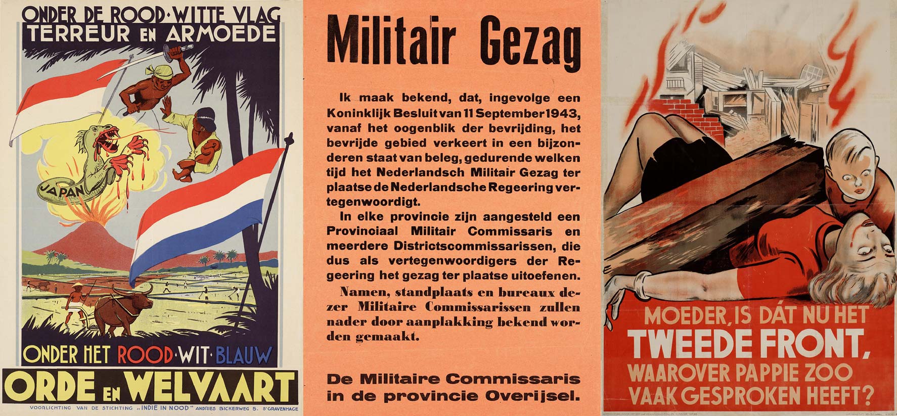 Collage van affiches met politieke boodschappen en propaganda van rond 1945