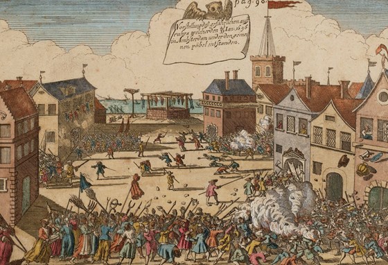 Amsterdam tijdens Aansprekersoproer in 1696. Stadsarchief Amsterdam.