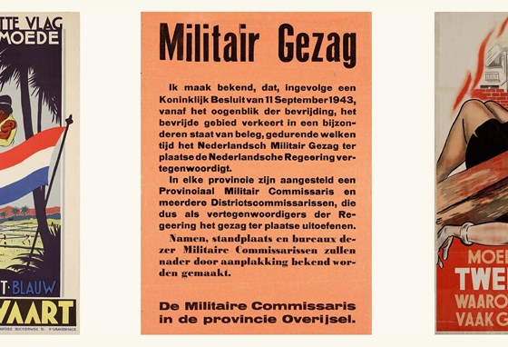 Collage van affiches met politieke boodschappen en propaganda van rond 1945