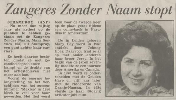 Krantenknipsel uit het Algemeen Dagblad getiteld Zangeres Zonder Naam stopt