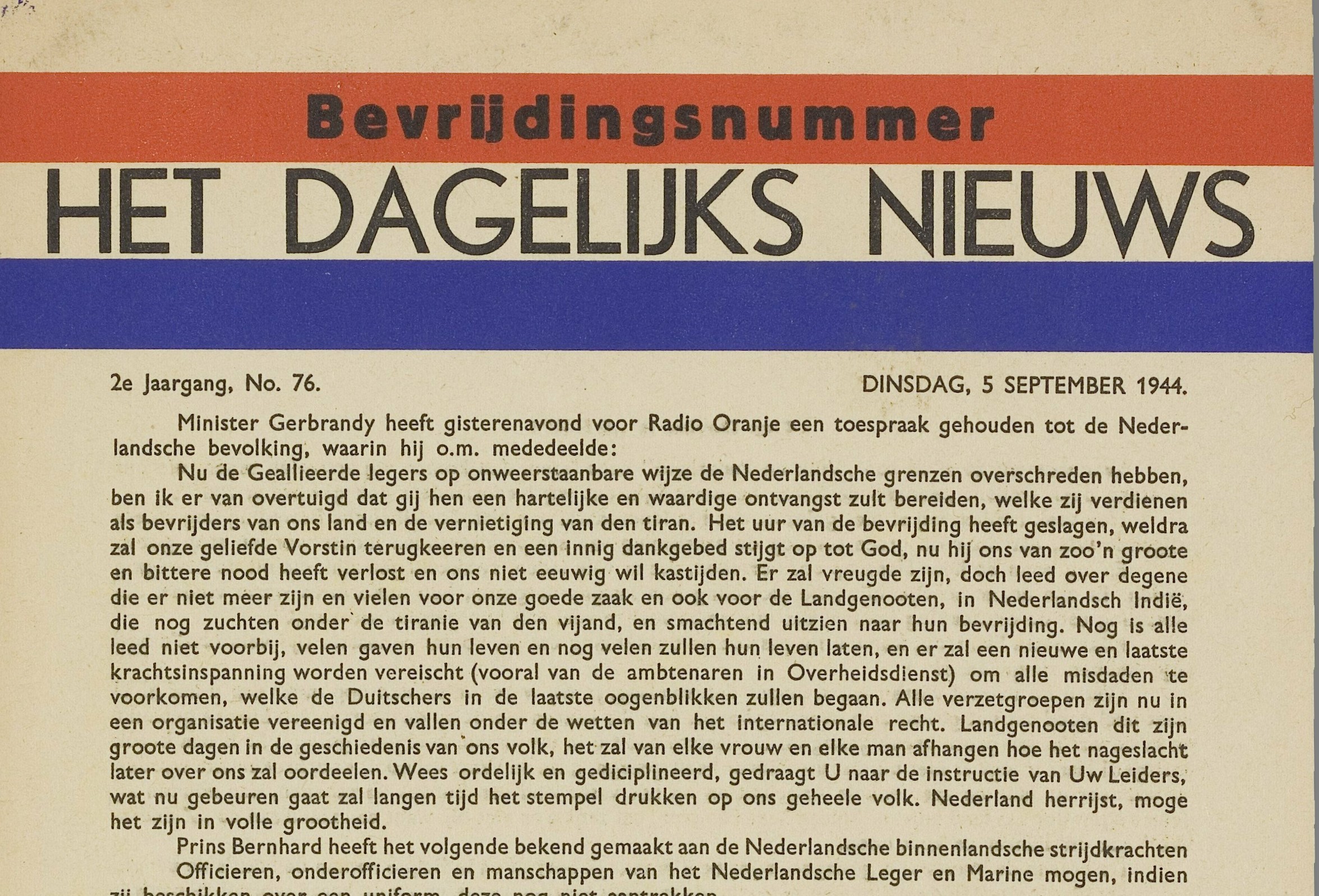 Het Dagelijks Nieuws op 5 september 1944 uit collectie van Erfgoed Leiden en Omstreken.