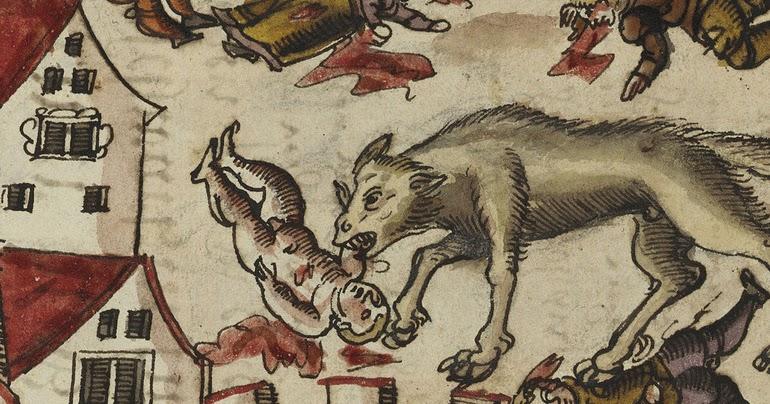 Weerwolf verslindt zijn slachtoffer. Collectie Zentral Bibliothek in Zürich, Johann Jakob Wick uit 1560–1587.
