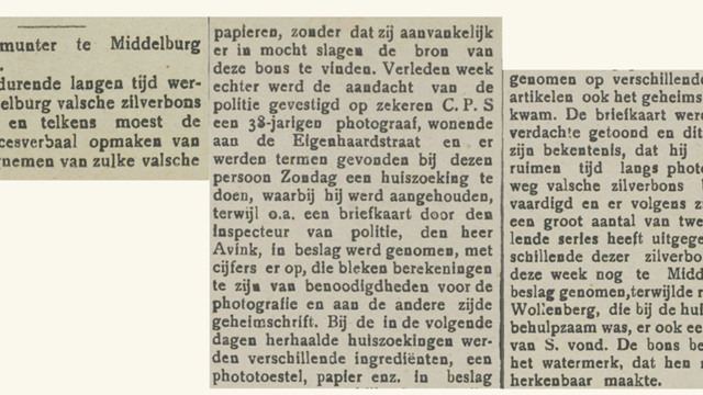 Artikel over valse zilverbonnen uit Volksblad van 24 april 1920, Krantenbank Zeeland.