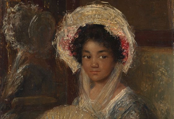Geschilderd portret van Isabella, donker meisje van ongeveer 12 jaar oud. Ze zit met een kanten hoed op het hoofd en een waaier in de rechterhand. Door Simon Maris circa 1906.