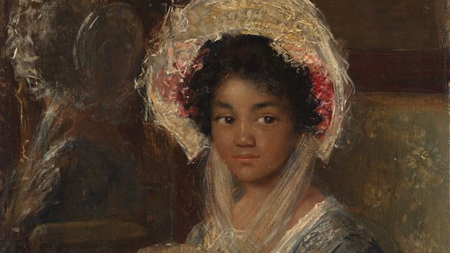 Geschilderd portret van Isabella, donker meisje van ongeveer 12 jaar oud. Ze zit met een kanten hoed op het hoofd en een waaier in de rechterhand. Door Simon Maris circa 1906.