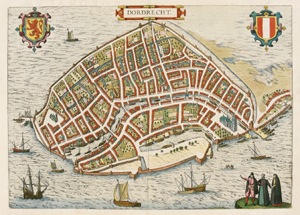Georg Braun en Frans Hogenberg, plattegrond van Dordrecht als eilandstad temidden van het water omstreeks 1572, kopergravure penseel in kleuren circa 1593